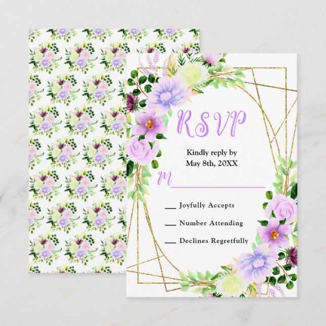 Cartão RSVP Spring Purple Flowers with Foliage (Frente/Verso)