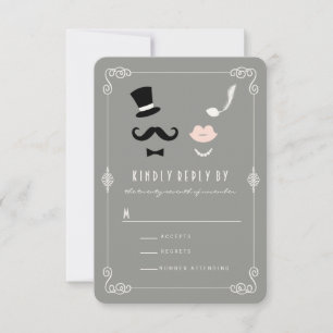 Cartão RSVP Sr & Sra Bigode e Lábios Casamento Vintage Chic
