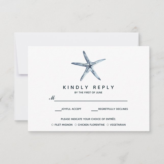 Cartão RSVP Starfish Azul | VP de Casamento com Choise de Comi (Frente)