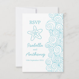 Cartão RSVP Starfish e swirls Casamento de Arte Azul e Branca