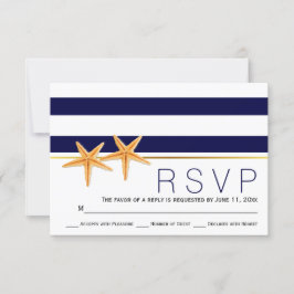 Cartão RSVP Starfish & marinho Blue strips Casamento de praia 