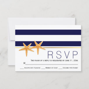 Cartão RSVP Starfish & marinho Blue strips Casamento de praia