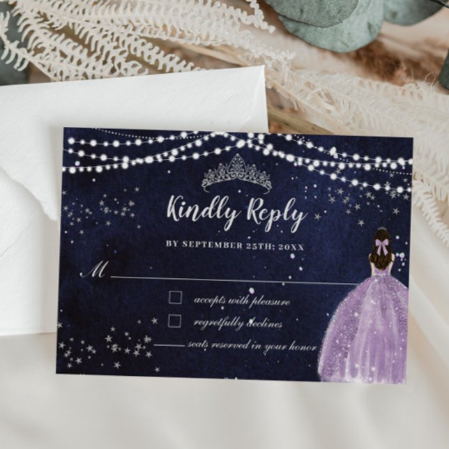 Cartão RSVP Starnight Purple Lilac Vestido Silver Quinceañera (starry night quinceanera purple lilac dress girl silver fairy lights rsvp response reply cards)