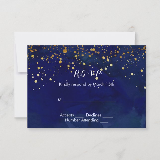 Cartão RSVP Starry Night Marinho e Faux Dourado Glitter (Frente)