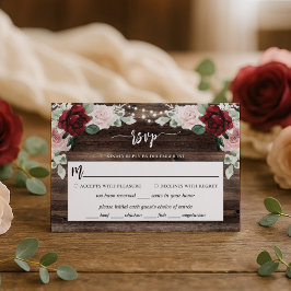 Cartão RSVP String Lights Eucalyptus & Burgundy Rustic Wedding
