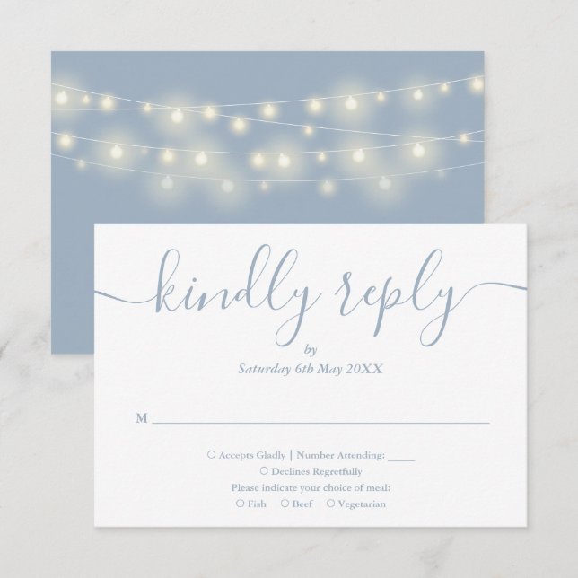 Cartão RSVP String Luzes Azul Dusty Script Escolha de Refeição (Frente/Verso)