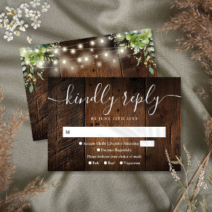 Cartão RSVP String Luzes Rustic Wood Greenery Boho Casamento