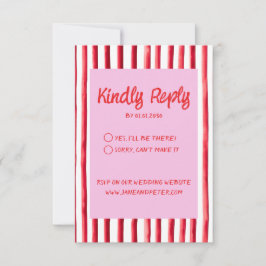 Cartão RSVP Striped Pink & Red Handwriting Wedding