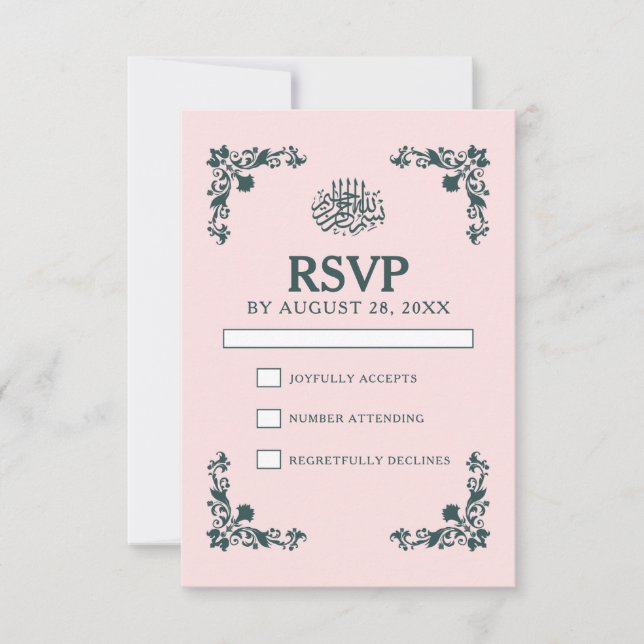 Cartão RSVP Subtle Blush & Slate Gray Islamic Wedding (Frente)