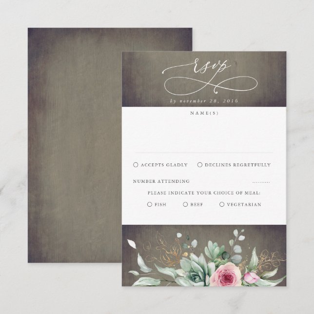 Cartão RSVP Succulents Greenerence and Pink Flowers Wedding RS (Frente/Verso)