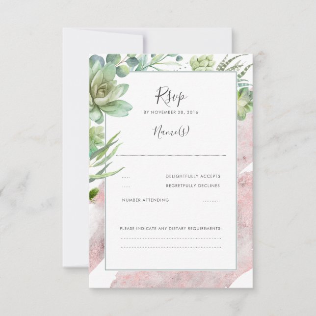 Cartão RSVP Succulents Greenery Rosa Dourado Modern Wedding RS (Frente)