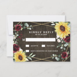 Cartão RSVP Sunflower Burgundy Rosas Casamento Geométrico Russ