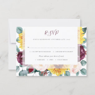 Cartão RSVP Sunflower Eucalyptus Burgundy Blush Casamento Flor