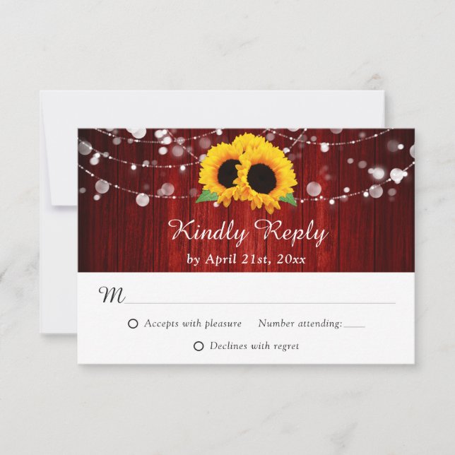 Cartão RSVP Sunflower Red Rustic Wood String Luzes Casamento (Frente)