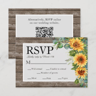 Cartão RSVP Sunflower Rustic Wood Casamento Website QR Code RS