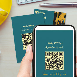 Cartão RSVP Sunflower Teal Blue Gold Modern QR Code Wedding 