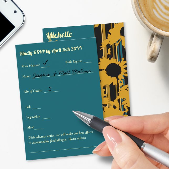 Cartão RSVP Sunflower Teal Blue Gold Modern Wedding (Criador carregado)