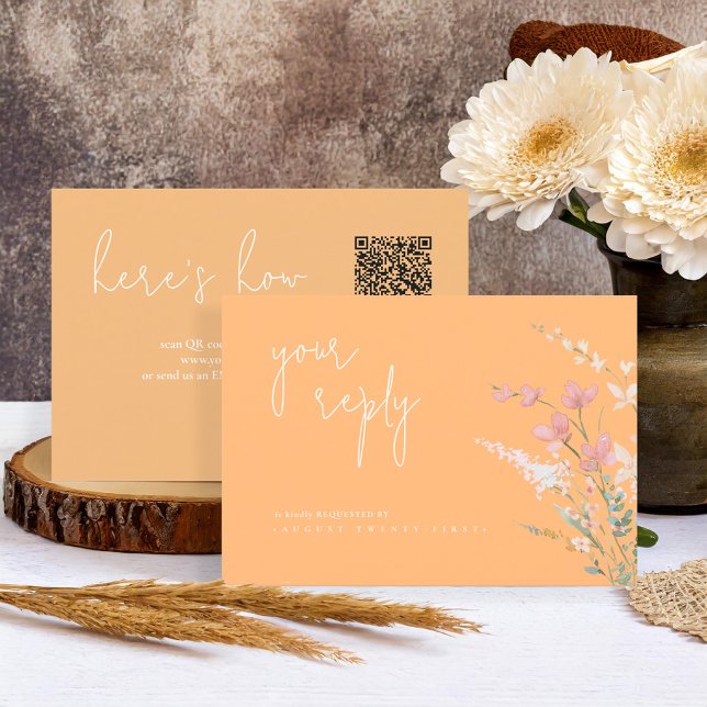 Cartão RSVP Sunny Wildflower Wedding Código QR Peach ID1023 (Criador carregado)