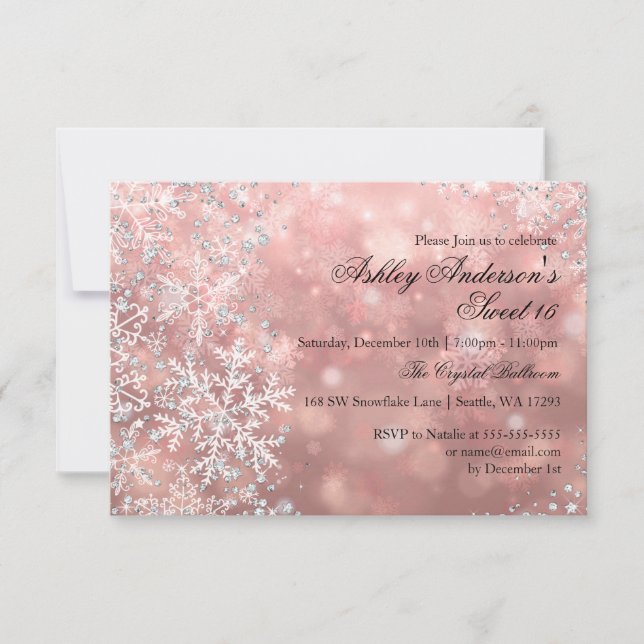 Cartão RSVP Sweet 16 Winter Wonderland Sparkle Snowflakes (Frente)