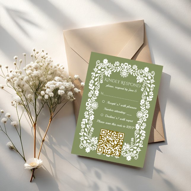 Cartão RSVP Talavera sage green Mexican wedding (Talavera sage green Mexican wedding QR RSVP Cards)