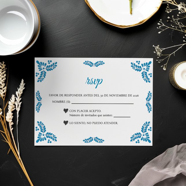 Cartão RSVP Talavera Turquoise Minimalist Spanish Wedding (Talavera Turquoise Minimalist Spanish Wedding RSVP Card)
