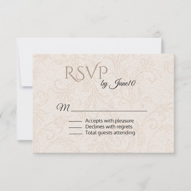 Cartão RSVP Tan Flourish Casamento tema damasco (Frente)