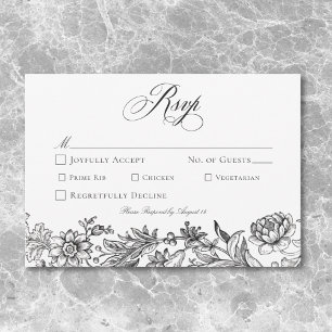 Cartão RSVP Tapeçaria Floral Preto e Branco Vintage para Casam