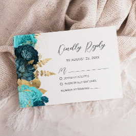 Cartão RSVP Teal Aqua Gold Floral Modern Script Wedding