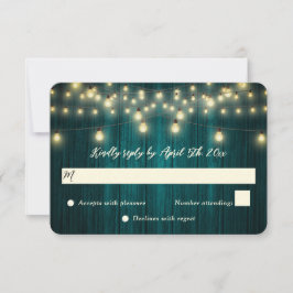 Cartão RSVP Teal Barn Wood Lights Country Casamento