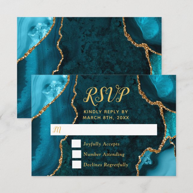 Cartão RSVP Teal Blue and Gold Agate Marble (Frente/Verso)