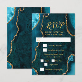 Cartão RSVP Teal Blue and Gold Agate Wedding Meal Choice