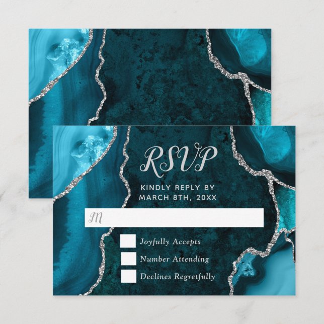 Cartão RSVP Teal Blue and Silver Agate Marble (Frente/Verso)
