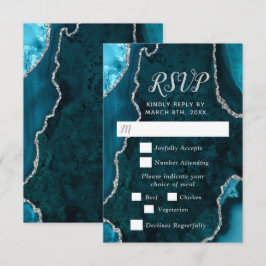 Cartão RSVP Teal Blue and Silver Agate Wedding Meal Choice