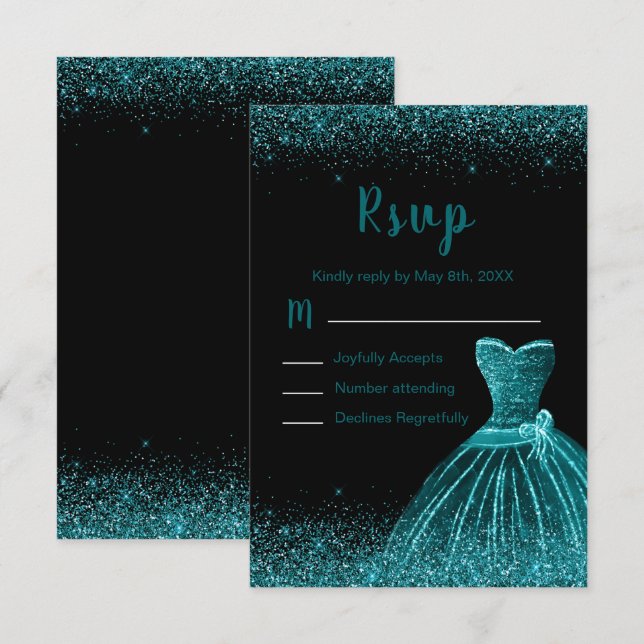 Cartão RSVP Teal Blue Dress Faux Glitter Sweet 16 Birthday (Frente/Verso)