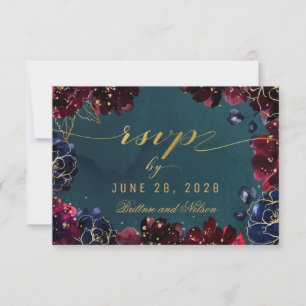 Cartão RSVP Teal Bordeaux Sapphire Jewel Tone Wedding Return