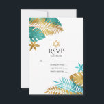 Cartão RSVP Teal e Dourada Bat Tropical Mitzvah<br><div class="desc">Celebre o seu Bat Mitzvah com esta elegante e moderna placa RSVP. Apresentando um design de folhas de palma e de ouro com uma estrela de David, esta carta mistura perfeitamente um tema tropical com os elementos judeus tradicionais. Totalmente personalizável, é ideal para dar o tom para uma celebração singular...</div>