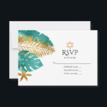 Cartão RSVP Teal e Dourada Bat Tropical Mitzvah<br><div class="desc">Celebre o seu Bat Mitzvah com esta elegante e moderna placa RSVP. Apresentando um design de folhas de palma e de ouro com uma estrela de David, esta carta mistura perfeitamente um tema tropical com os elementos judeus tradicionais. Totalmente personalizável, é ideal para dar o tom para uma celebração singular...</div>