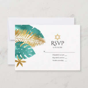Cartão RSVP Teal e Dourada Bat Tropical Mitzvah