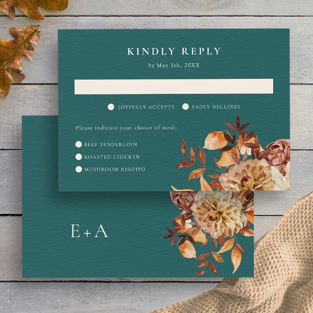Cartão RSVP Teal Fall Floral (Teal Watercolor Fall Floral RSVP Card Monogrammed by Painted Paperie
)