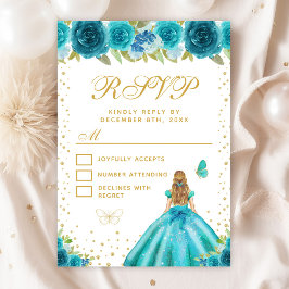 Cartão RSVP Teal Floral Blonde Hair Princess Sweet