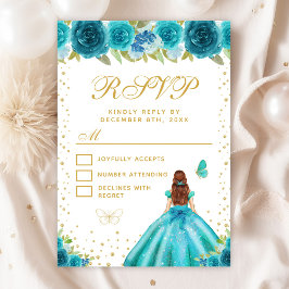 Cartão RSVP Teal Floral Brown Hair Princess Sweet