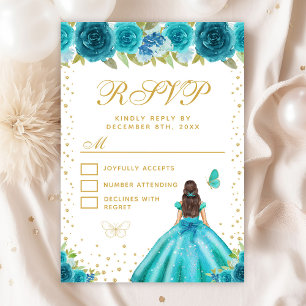 Cartão RSVP Teal Floral Brunette Hair Princess Sweet