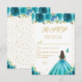 Cartão RSVP Teal Floral Brunette Hair Princess Sweet Sixteen