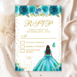 Cartão RSVP Teal Floral Dark Skin Princess Sweet