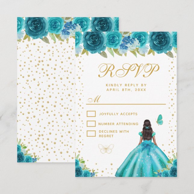 Cartão RSVP Teal Floral Dark Skin Princess Sweet Sixteen (Frente/Verso)