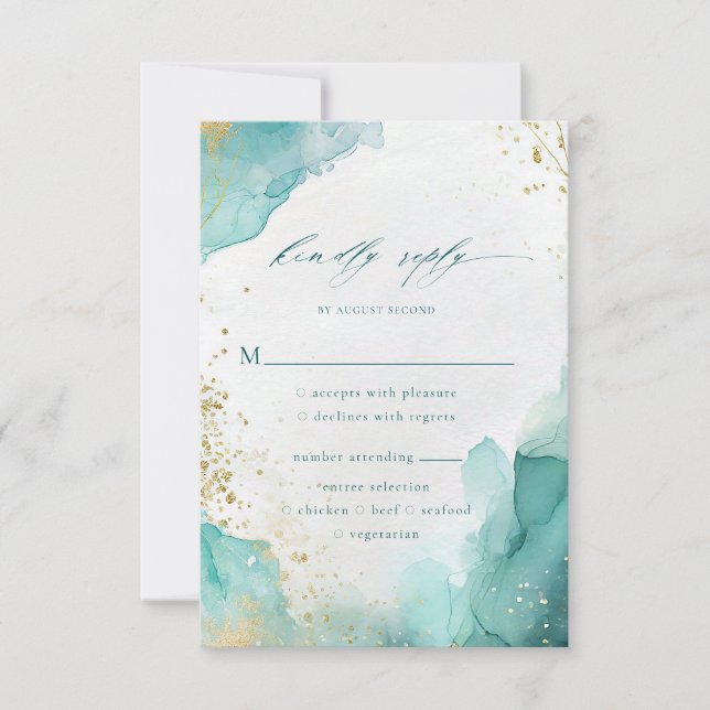 Cartão RSVP Teal Gold Abstract Beach Wedding Meal Options (Frente)