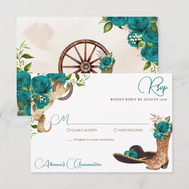 Cartão RSVP Teal Green Turquoise Charro Western Quinceanera (Frente/Verso)