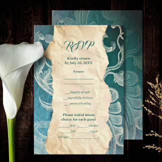 Cartão RSVP Teal Rococo Scroll com Elegância Vintage