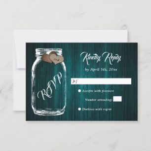 Cartão RSVP Teal Rustic Country Wood Heart Mason Jar Wedding