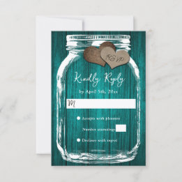 Cartão RSVP Teal Rustic Wood Mason Jar Fall Wedding